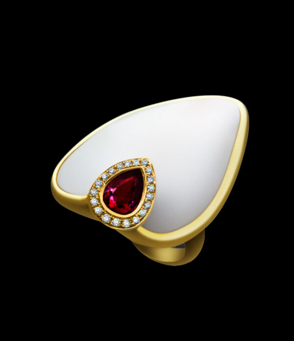CORAL COCKTAIL RING WITH RED TOURMALINE AND DIAMONDS